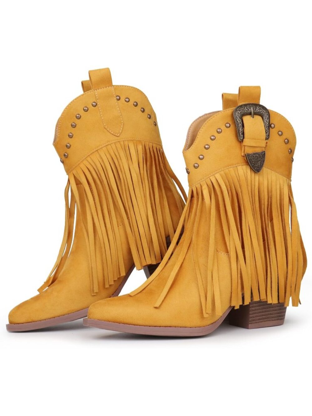 Women's Yellow Fringe Cowboy Cowgirl Boot Snip Toe Pull On Western Ankle Booties